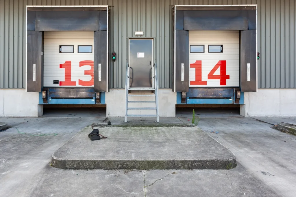Dos rampas de andén abiertas en un centro logístico, con las puertas numeradas 13 y 14 en color rojo.