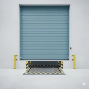 Vista frontal de un minidock instalado en un muelle de carga con una persiana metálica azul y bolardos amarillos.