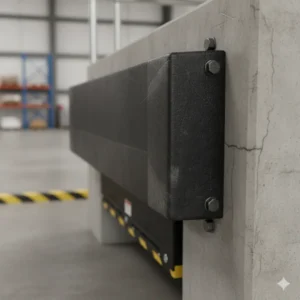 Vista de perfil de un tope para anden horizontal, anclado a un muro de hormigón en un muelle de carga.