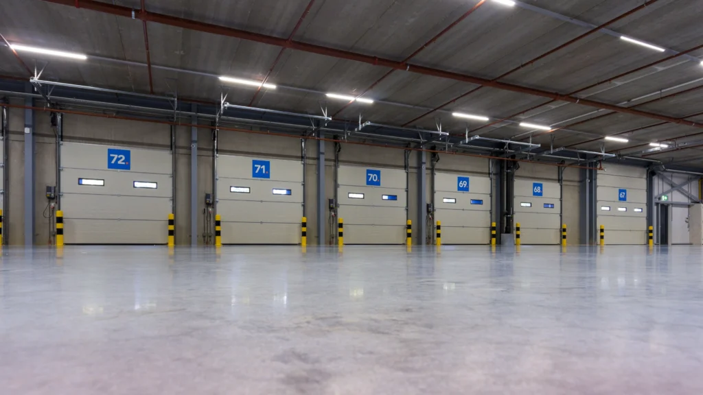 Banner de variedad de puerta rápida industrial de color gris con ventanas, instaladas en un cedis, numeradas