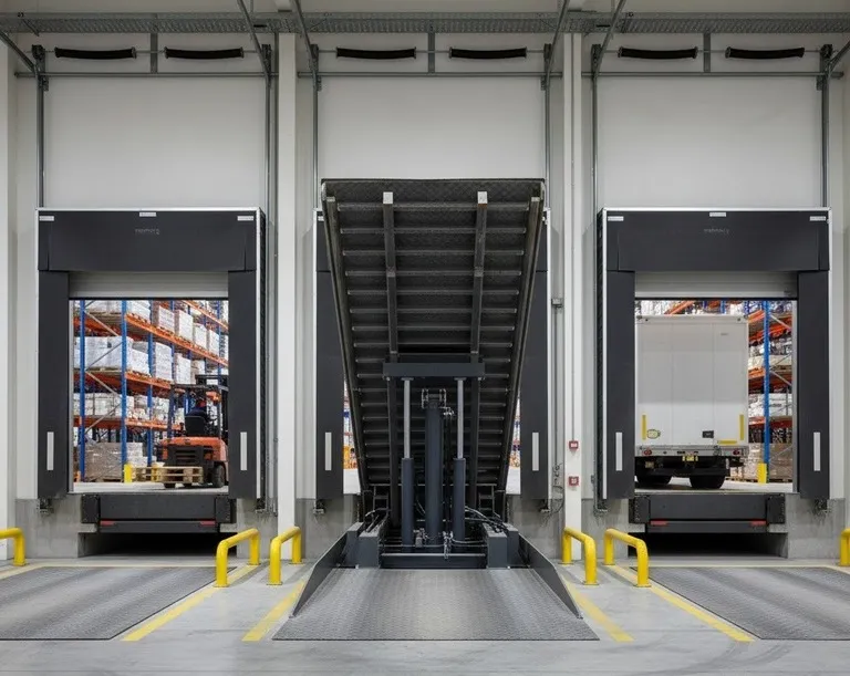 Fotografía de andenes de carga con rampas instaladas gracias a saber cómo funciona una rampa hidráulica.