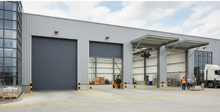Fotografía de puertas seccionales industriales color gris, una abierta y otra cerrada en una empresa.