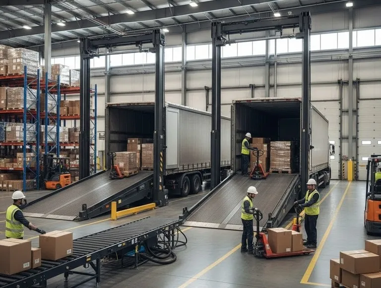 Fotografía de colaboradores bajando cajas de un camión con ayuda de cómo funciona una rampa hidráulica.