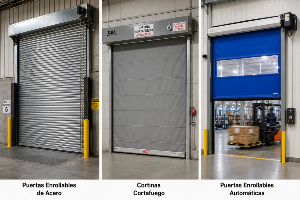 Imagen que muestra los 3 tipos de cortinas industriales que vende Ribori