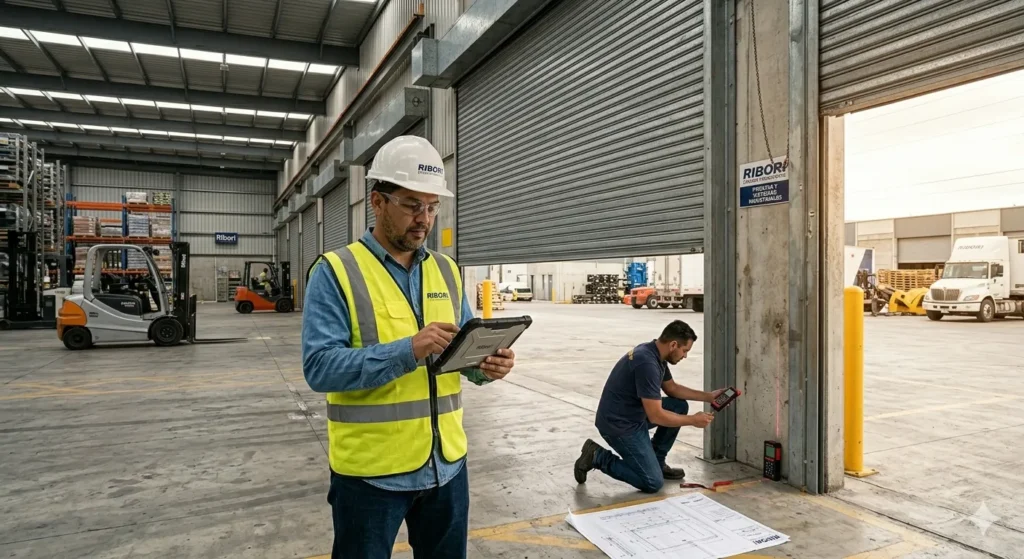 Cortinas metálicas enrollables industriales: aplicaciones, ventajas y mantenimiento: Fotografía de un operador de almacen verificando que instalen de manera correcta las cortinas metalicas enrrollables