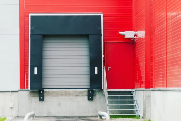 Sellos de anden negros en la fachada roja de un almacén, junto a una puerta enrollable y escaleras de acceso.